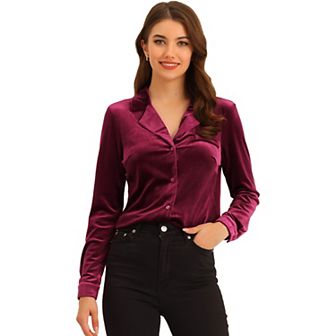 Women's Velvet V Neck Long Sleeve Button Down Shirt Blouse