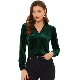 Women's Velvet V Neck Long Sleeve Button Down Shirt Blouse