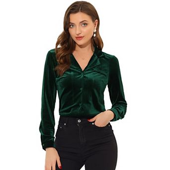 Women's Velvet V Neck Long Sleeve Button Down Shirt Blouse