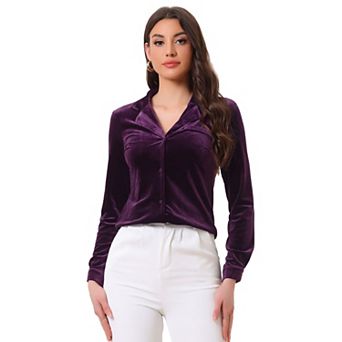 Women's Velvet V Neck Long Sleeve Button Down Shirt Blouse