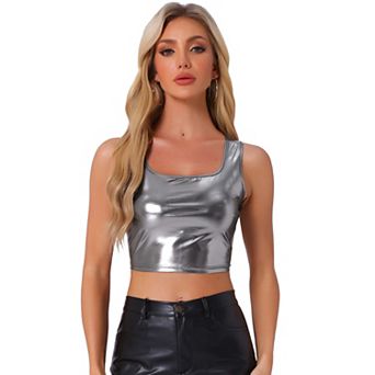 Women's U Neck Sleeveless Party Clubwear Shiny Metallic Crop Top