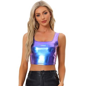 Women's U Neck Sleeveless Party Clubwear Shiny Metallic Crop Top