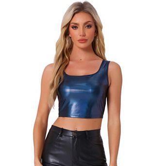 Women's U Neck Sleeveless Party Clubwear Shiny Metallic Crop Top