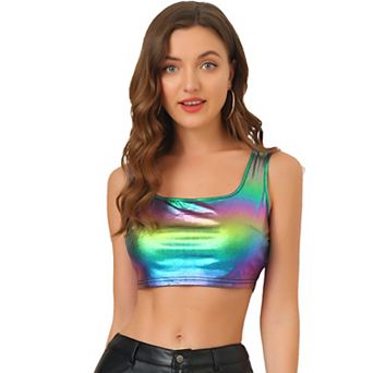 Women's U Neck Sleeveless Party Clubwear Shiny Metallic Crop Top