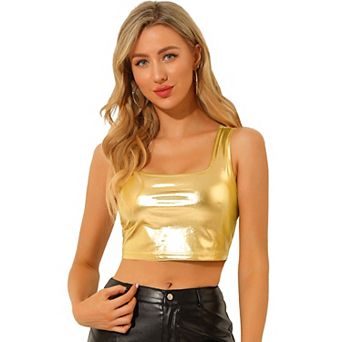 Women's U Neck Sleeveless Party Clubwear Shiny Metallic Crop Top