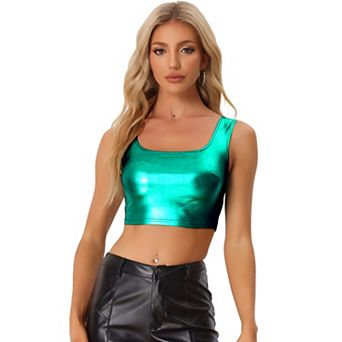 Women's U Neck Sleeveless Party Clubwear Shiny Metallic Crop Top