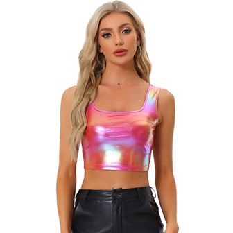 Women's U Neck Sleeveless Party Clubwear Shiny Metallic Crop Top