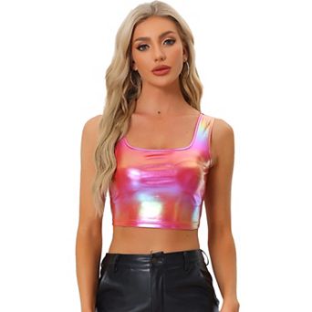 Women's U Neck Sleeveless Party Clubwear Shiny Metallic Crop Top