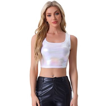 Women's U Neck Sleeveless Party Clubwear Shiny Metallic Crop Top