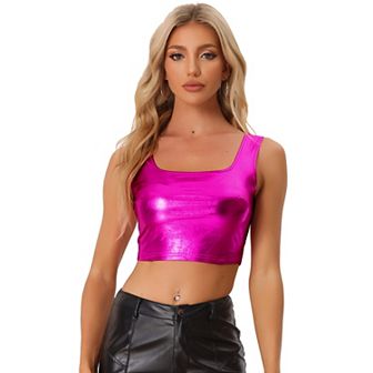 Women's U Neck Sleeveless Party Clubwear Shiny Metallic Crop Top