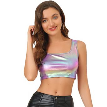 Women's U Neck Sleeveless Party Clubwear Shiny Metallic Crop Top