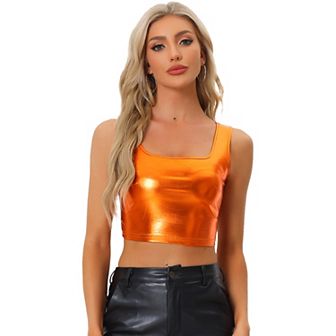 Women's U Neck Sleeveless Party Clubwear Shiny Metallic Crop Top