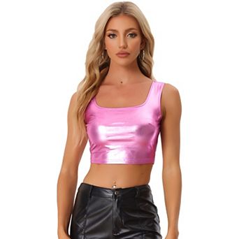 Women's U Neck Sleeveless Party Clubwear Shiny Metallic Crop Top