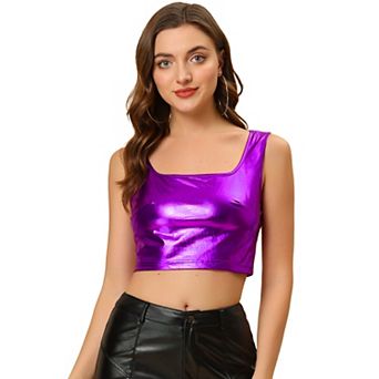 Women's U Neck Sleeveless Party Clubwear Shiny Metallic Crop Top