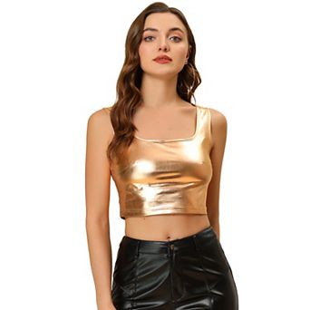 Women's U Neck Sleeveless Party Clubwear Shiny Metallic Crop Top