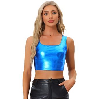 Women's U Neck Sleeveless Party Clubwear Shiny Metallic Crop Top