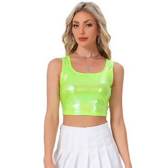 Women's U Neck Sleeveless Party Clubwear Shiny Metallic Crop Top