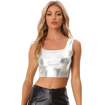 Women's U Neck Sleeveless Party Clubwear Shiny Metallic Crop Top