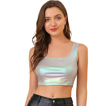 Women's U Neck Sleeveless Party Clubwear Shiny Metallic Crop Top