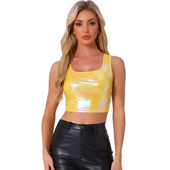 Women's U Neck Sleeveless Party Clubwear Shiny Metallic Crop Top