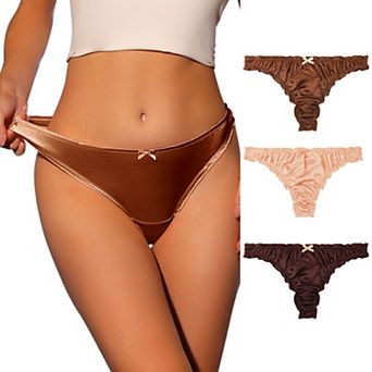 Women's Satin Soft Mid-rise Ruffle Hipster Thong Underwear 3 Packs