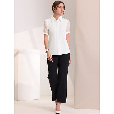 Women's Button Down Shirt Sheer Short Sleeve Point Collar Work Tops