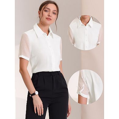 Women's Button Down Shirt Sheer Short Sleeve Point Collar Work Tops