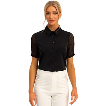 Women's Button Down Shirt Sheer Short Sleeve Point Collar Work Tops