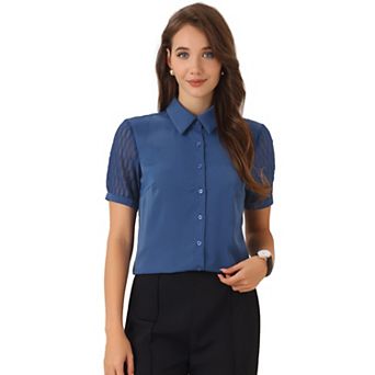 Women's Button Down Shirt Sheer Short Sleeve Point Collar Work Tops