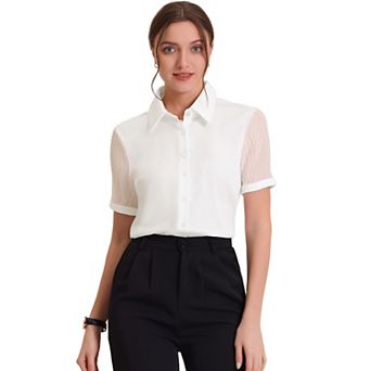 Women's Button Down Shirt Sheer Short Sleeve Point Collar Work Tops