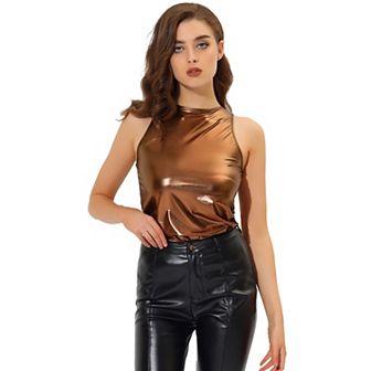 Women's Metallic Crew Neck Sleeveless Cam Tank Top