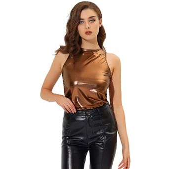 Women's Metallic Crew Neck Sleeveless Cam Tank Top