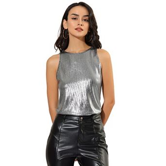 Women's Metallic Crew Neck Sleeveless Cam Tank Top