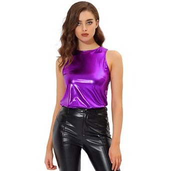 Women's Metallic Crew Neck Sleeveless Cam Tank Top
