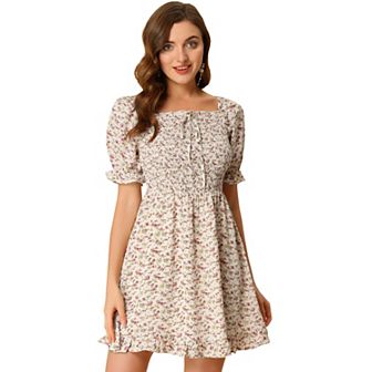 Women's Puff Sleeve Back Smocked Sweetheart Neck Floral Ruffled Hem Dress
