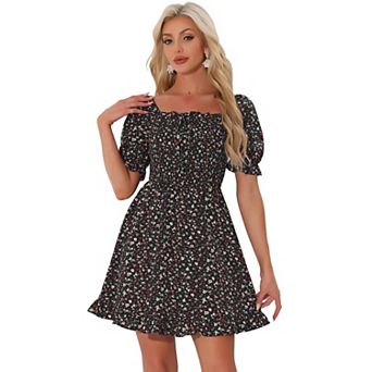 Women's Puff Sleeve Back Smocked Sweetheart Neck Floral Ruffled Hem Dress