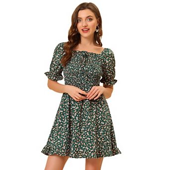 Women's Puff Sleeve Back Smocked Sweetheart Neck Floral Ruffled Hem Dress