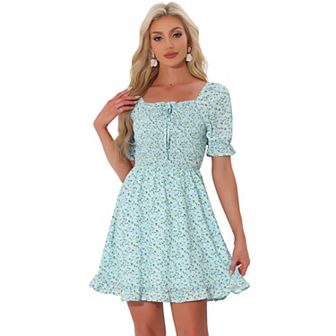 Women's Puff Sleeve Back Smocked Sweetheart Neck Floral Ruffled Hem Dress