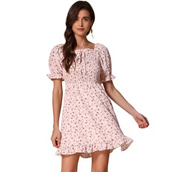 Women's Puff Sleeve Back Smocked Sweetheart Neck Floral Ruffled Hem Dress