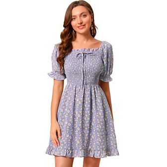 Women's Puff Sleeve Back Smocked Sweetheart Neck Floral Ruffled Hem Dress