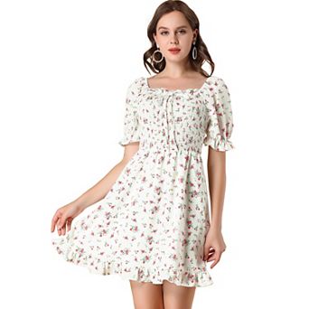 Women's Puff Sleeve Back Smocked Sweetheart Neck Floral Ruffled Hem Dress