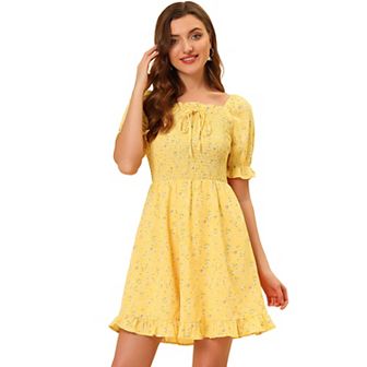 Women's Puff Sleeve Back Smocked Sweetheart Neck Floral Ruffled Hem Dress