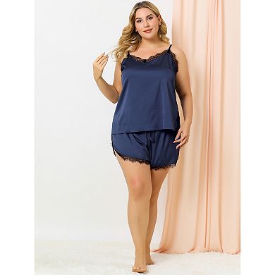 Women's Plus Lace Panel Cami Elastic Waist Shorts Pajama Set