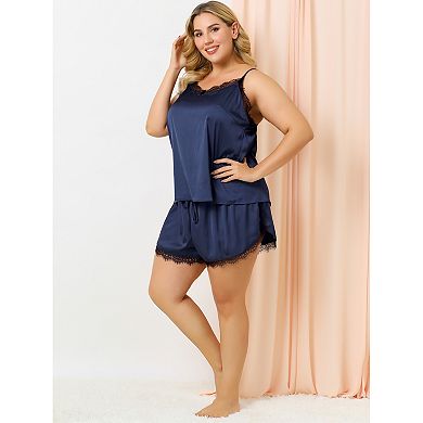 Women's Plus Lace Panel Cami Elastic Waist Shorts Pajama Set