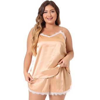 Women's Plus Lace Panel Cami Elastic Waist Shorts Pajama Set
