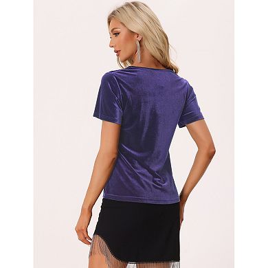 Women's Velvet Top V Neck Short Sleeve Casual T-Shirt