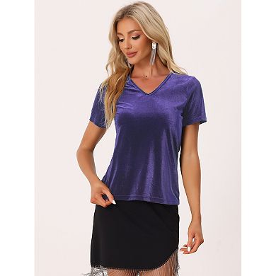 Women's Velvet Top V Neck Short Sleeve Casual T-Shirt