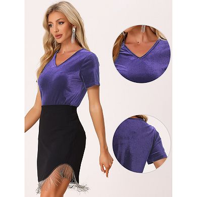 Women's Velvet Top V Neck Short Sleeve Casual T-Shirt