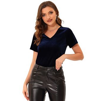 Women's Velvet Top V Neck Short Sleeve Casual T-shirt