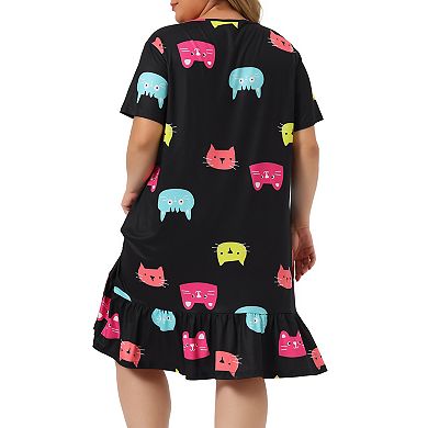 Women's Plus Size Nightdress Short Sleeve Soft Comfy Lovely Cat Sleepdress